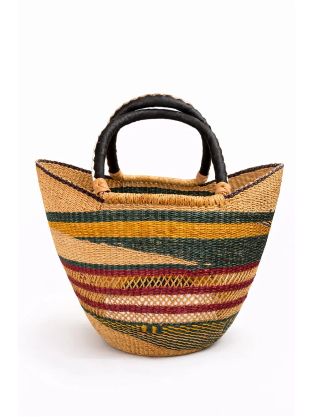 Authentic Ghana Bolga Basket Bag Handwoven Market Tote Leather Handle Large
